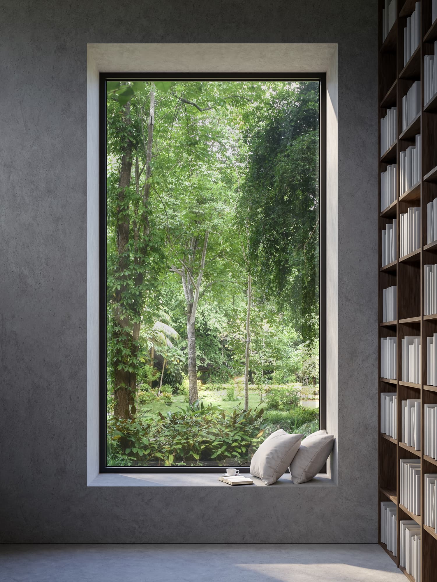 Proyecto de interiorismo Portarossa - Espacio elegante con librero y área de lectura
